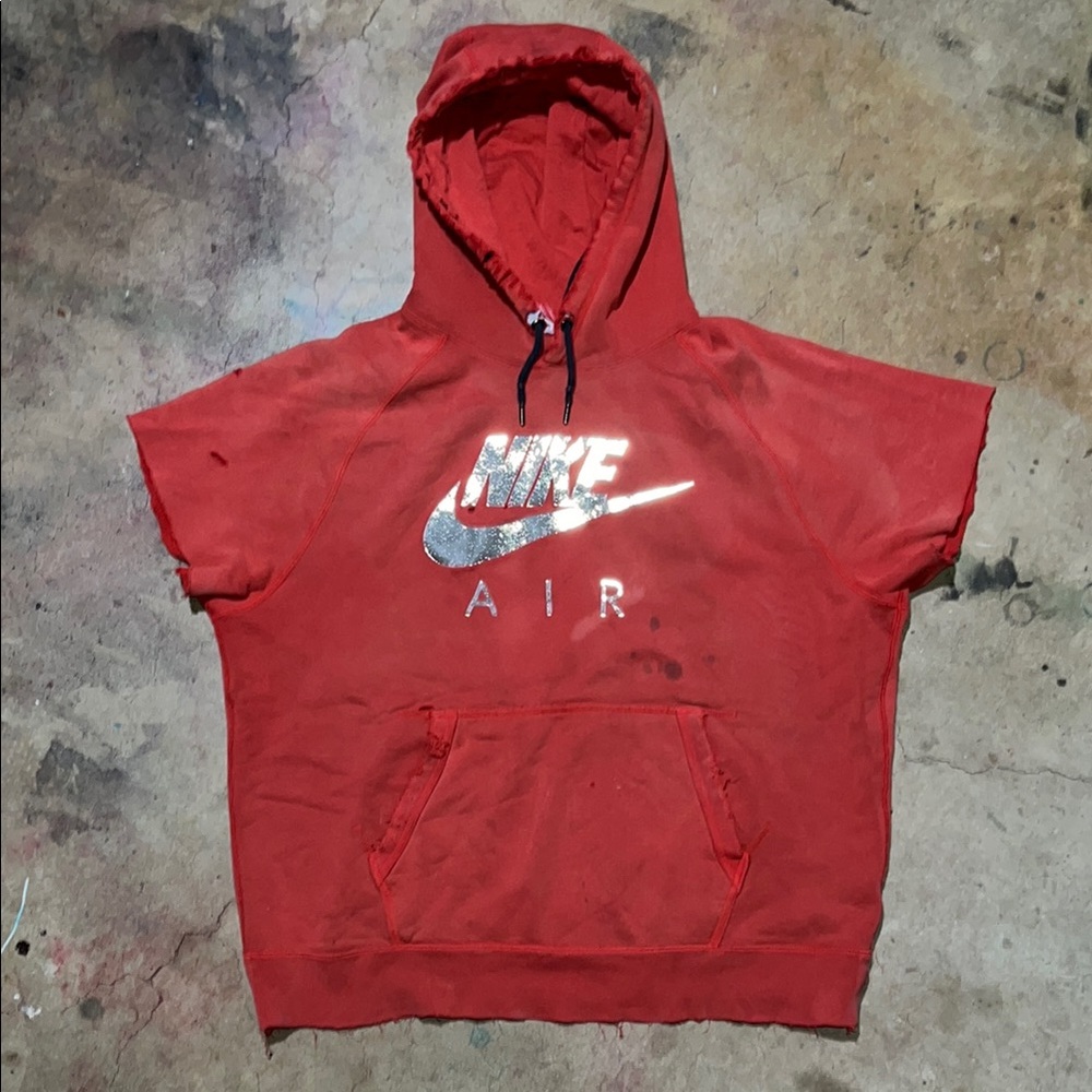 Distressed Nike Air Hoodie in Vibrant Red with Silver Logo Size XL